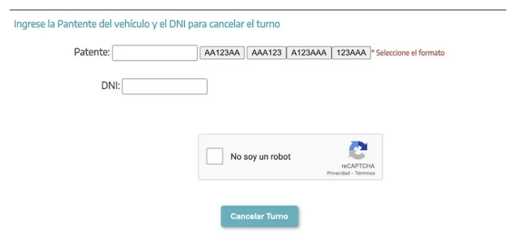 Pantalla para cancelar el turno de la VTV en Mercedes con patente y DNI